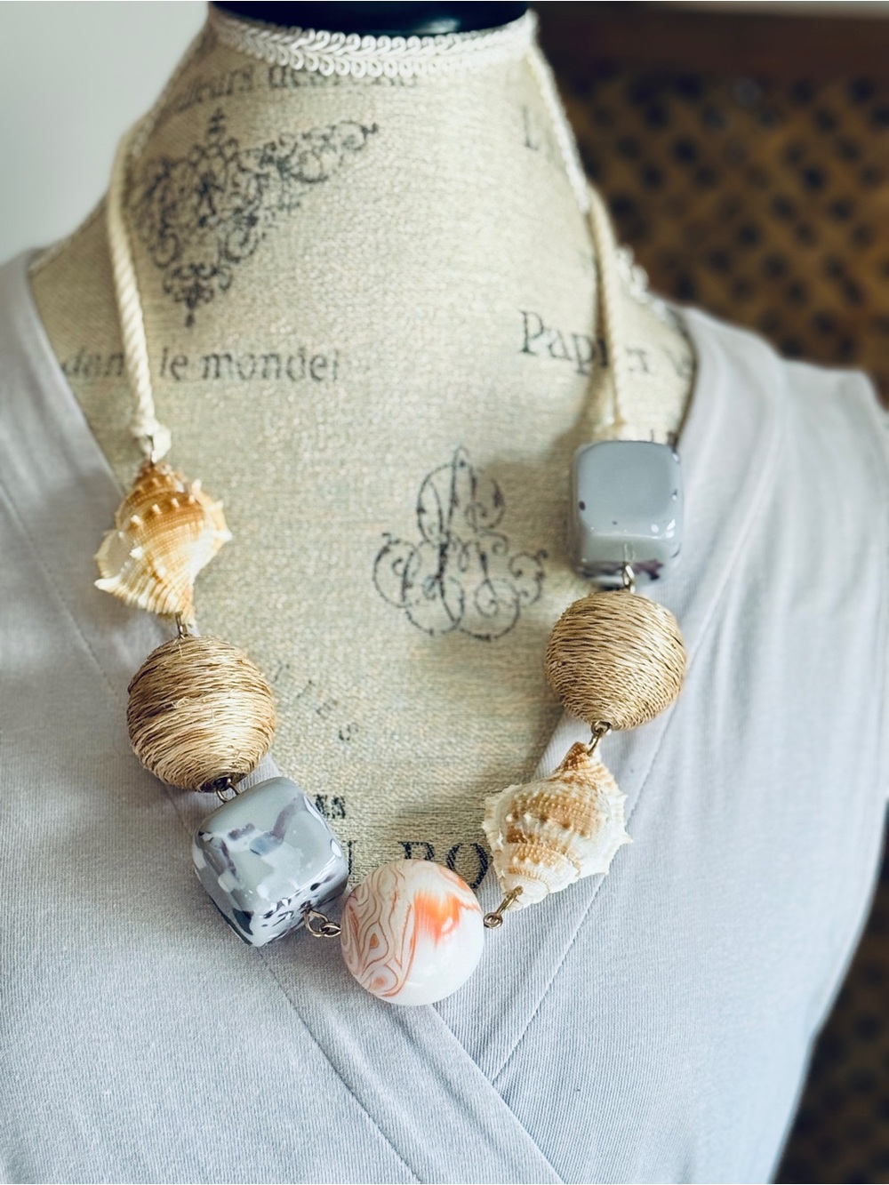 Zara Beige, Gold and Blue Statement Shells Necklace
